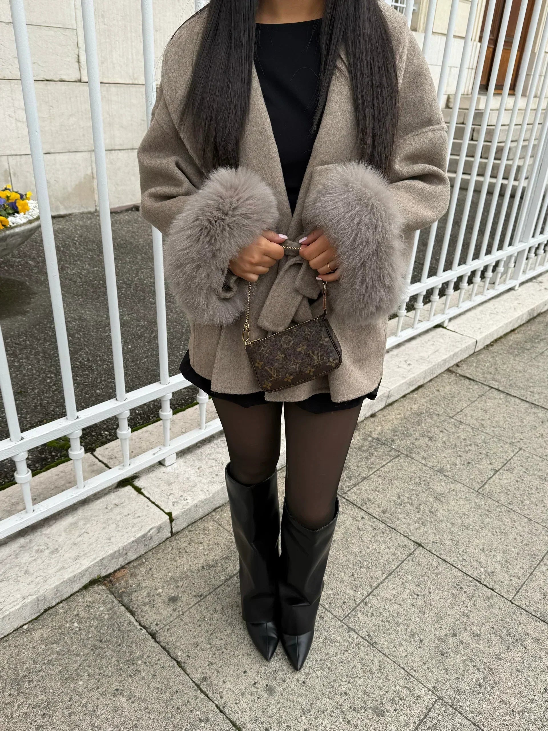 Coat with Faux Fur Belt